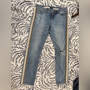 Pilcro and the Letterpress Blue Jeans with Grosgrain and velvet ribbon on seam